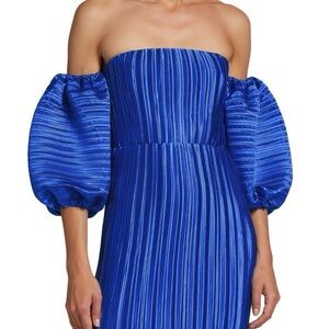 Vibrant Blue Strapless Dress with Puff Sleeves